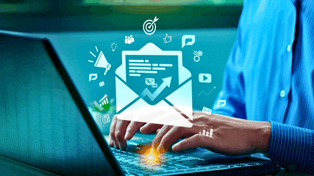 A graphic showing an email being sent