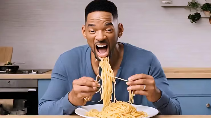A poorly generated AI image of Will Smith eating Spaghetti